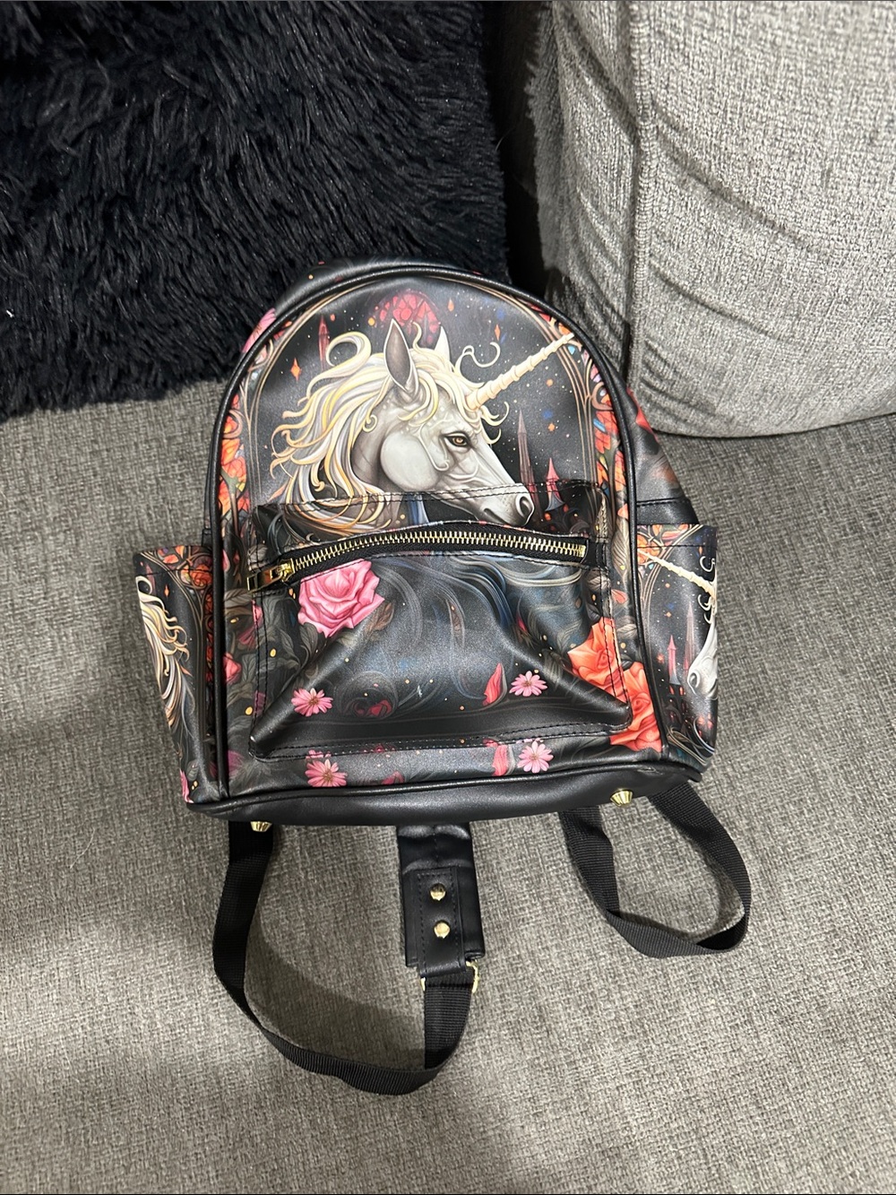 Unbranded Black Unicorn Print Mini Backpack with Pink & Red Accents